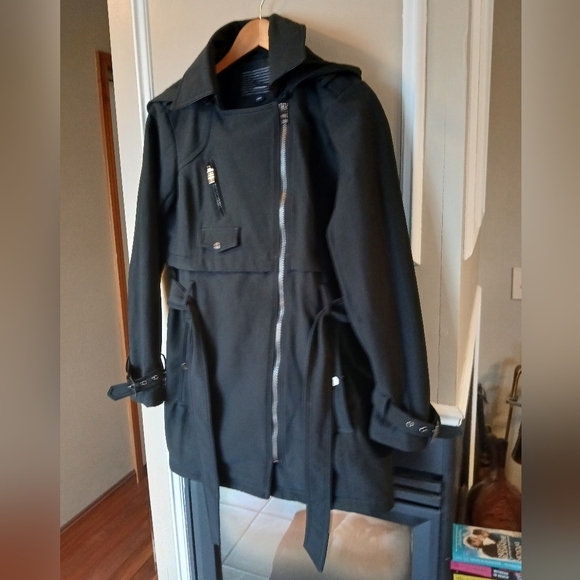 Steve Madden Black Asymmetrical Zip Fleece Lined Hooded Coat Size S/P - Picture 9 of 10